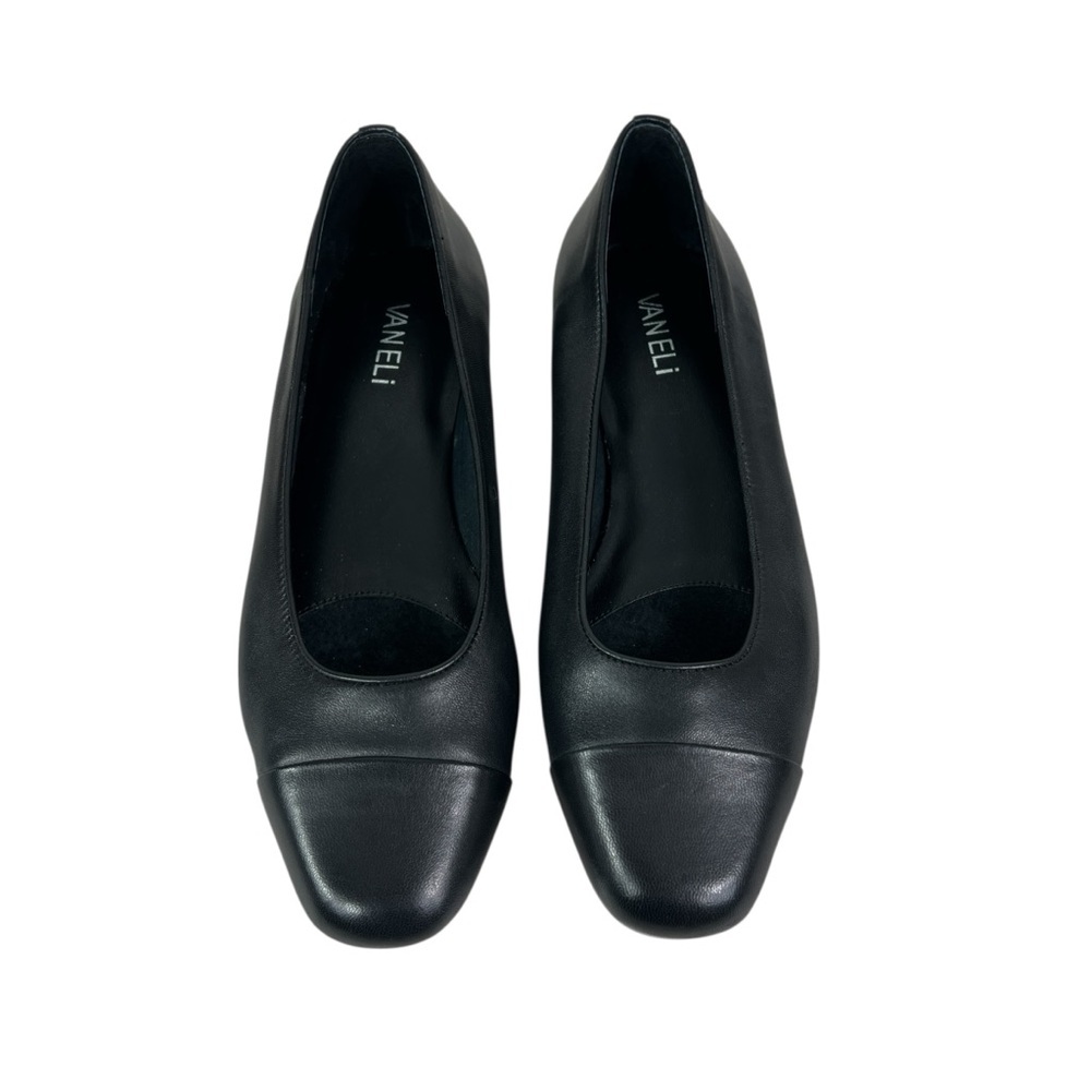VANELi Black Leather Cap Toe Pumps Size 8.5 W Work Shoes Classic Office Career